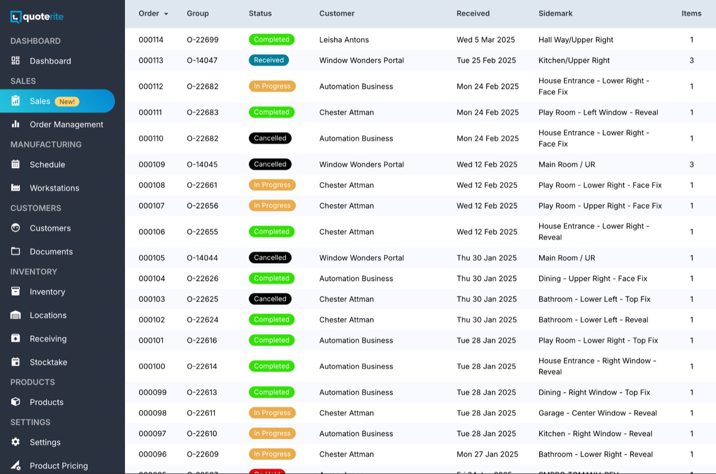 The real Quoterite app: the order management screen with live statuses — received, in progress, completed — beside a sidebar covering sales, manufacturing, customers, inventory and products